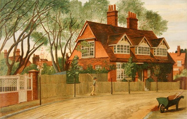 Kuzeye bakan Queen Anne Gardens, Bedford Park, Chiswick (renkli taş) by Henry Marriott Paget