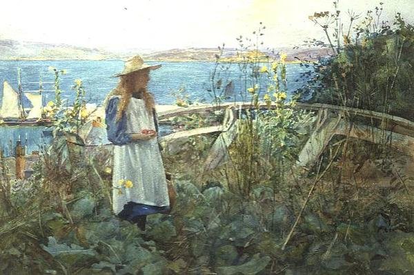 Deniz kenarında bir bahçede bir kız by Henry Meynell Rheam