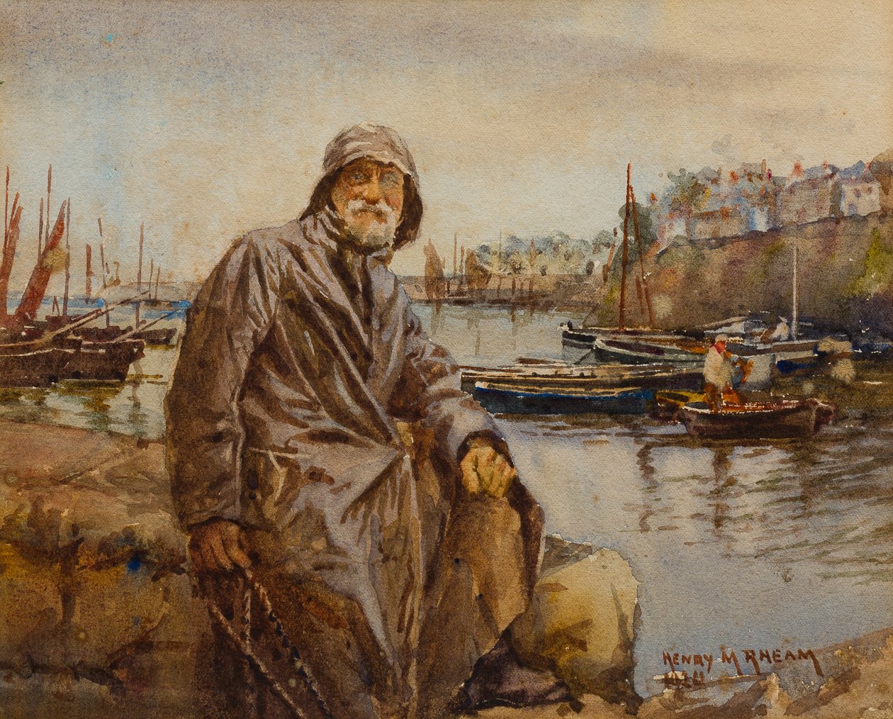 Newlyn Harbour Duvarında Balıkçı, 1920 (kağıt üzerinde wc) by Henry Meynell Rheam