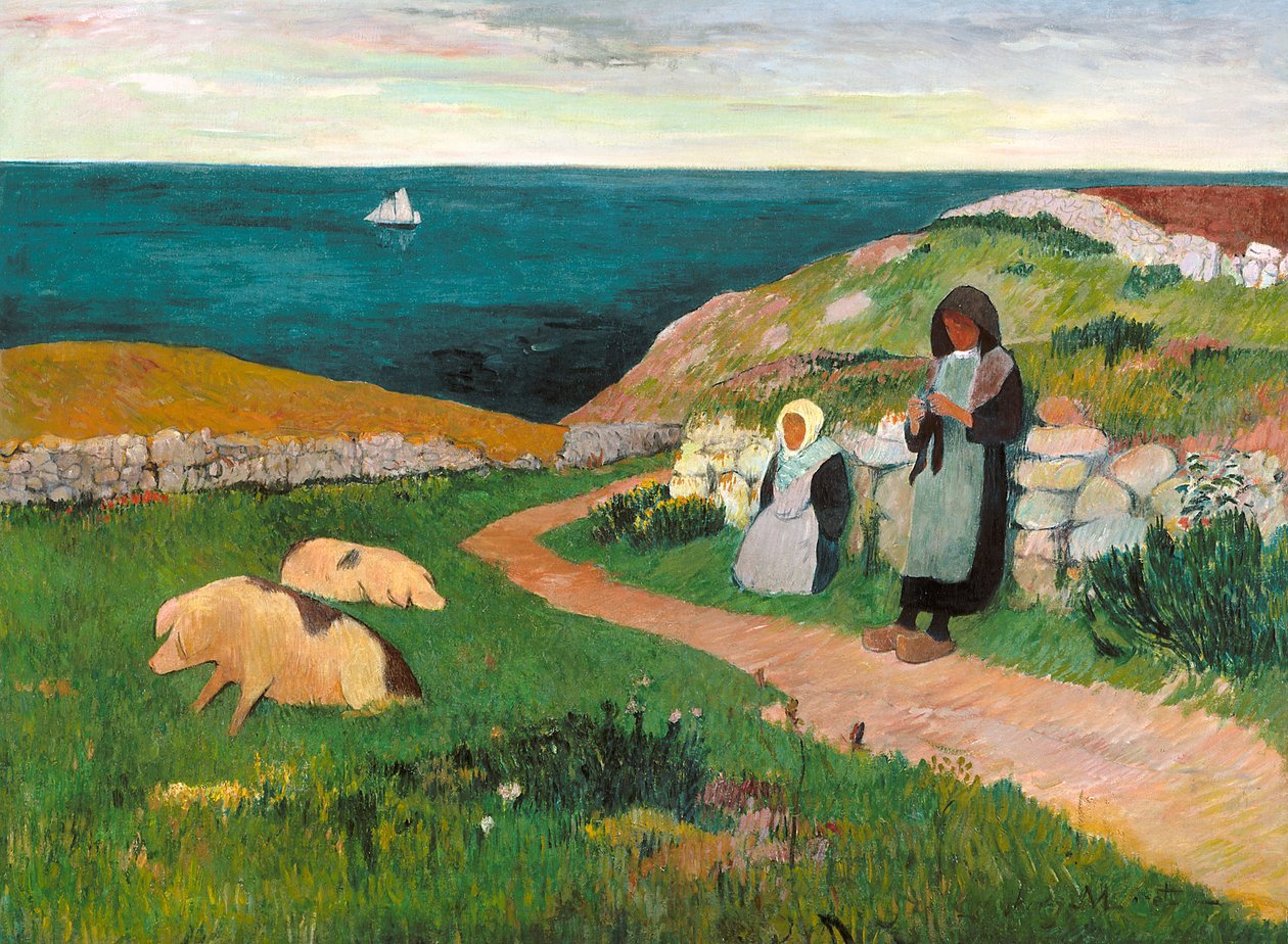 Genç Breton Kızlar Tarlada (tuval üzerine yağlı boya) by Henry Moret