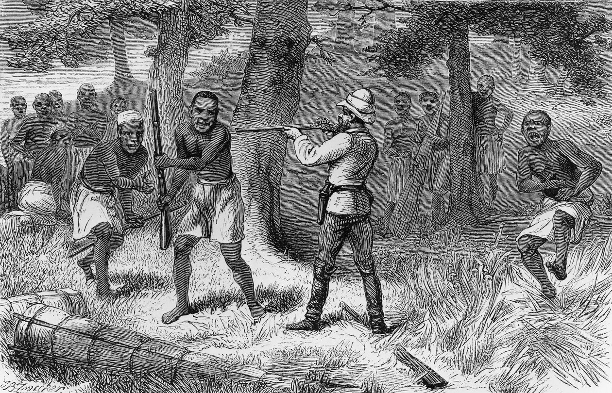 Yerliler Gombe nehri kıyılarında isyan ediyor, Tanzanya, Livingstone'u Nasıl Bulduğumdan gravür: Orta Afrika'da seyahatler, maceralar ve keşifler, Henry Morton Stanley(1841-1904), Sampson Low, Marston, Low ve Searle baskısı, Londra by Henry Morton Stanley