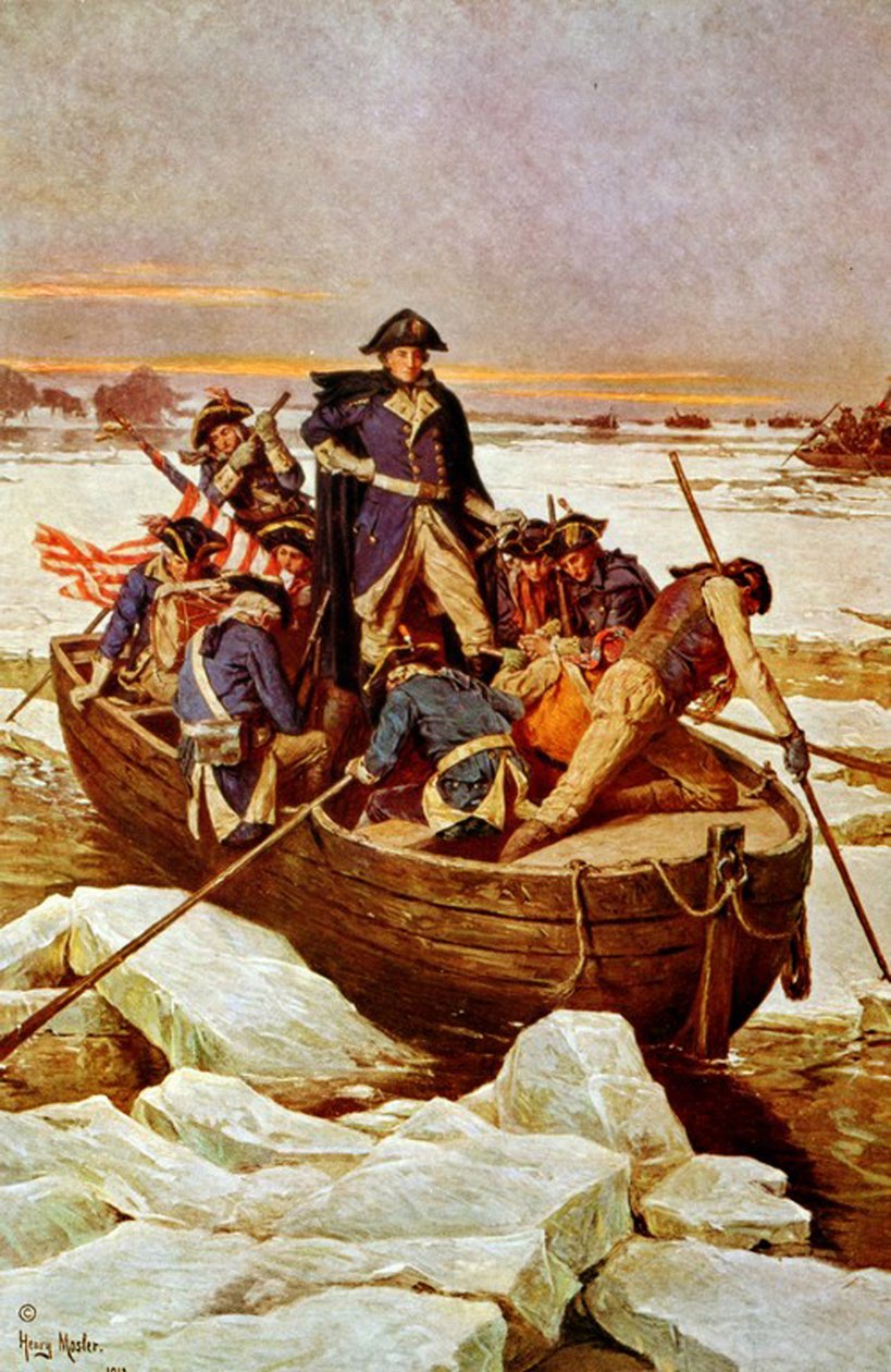 George Washington Crossing the Delaware River', 25 Aralık 1776. George Washington'un (1732-1799) Amerikan ordusunun başkomutanı olduğu 1775-1783 Devrim Savaşı'nda (Amerikan Bağımsızlık Savaşı) bir olay. Çizim c1912. by Henry Mosler