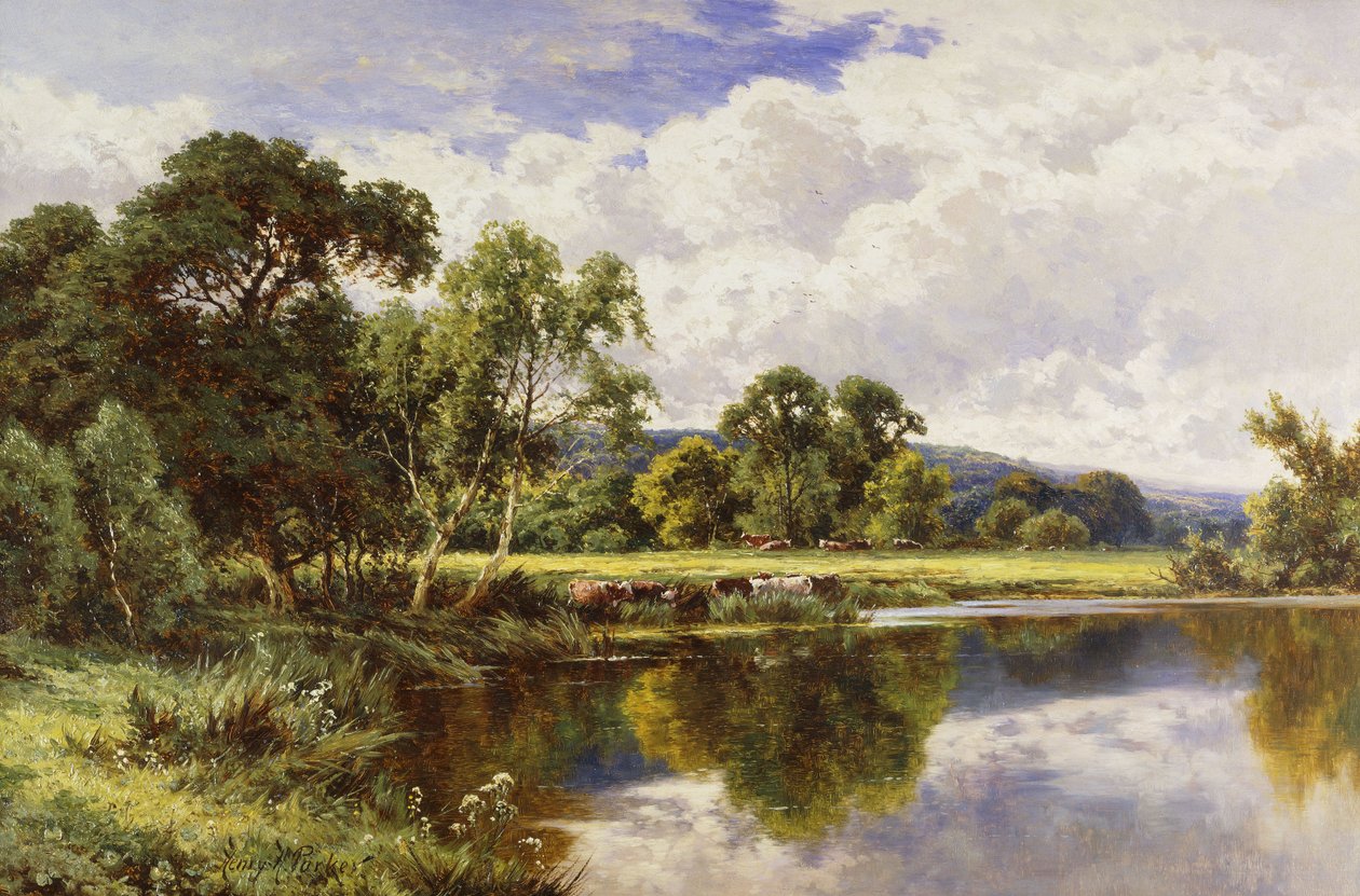 Sığırlarla Ormanlık Bir Nehir Manzarası, by Henry Parker
