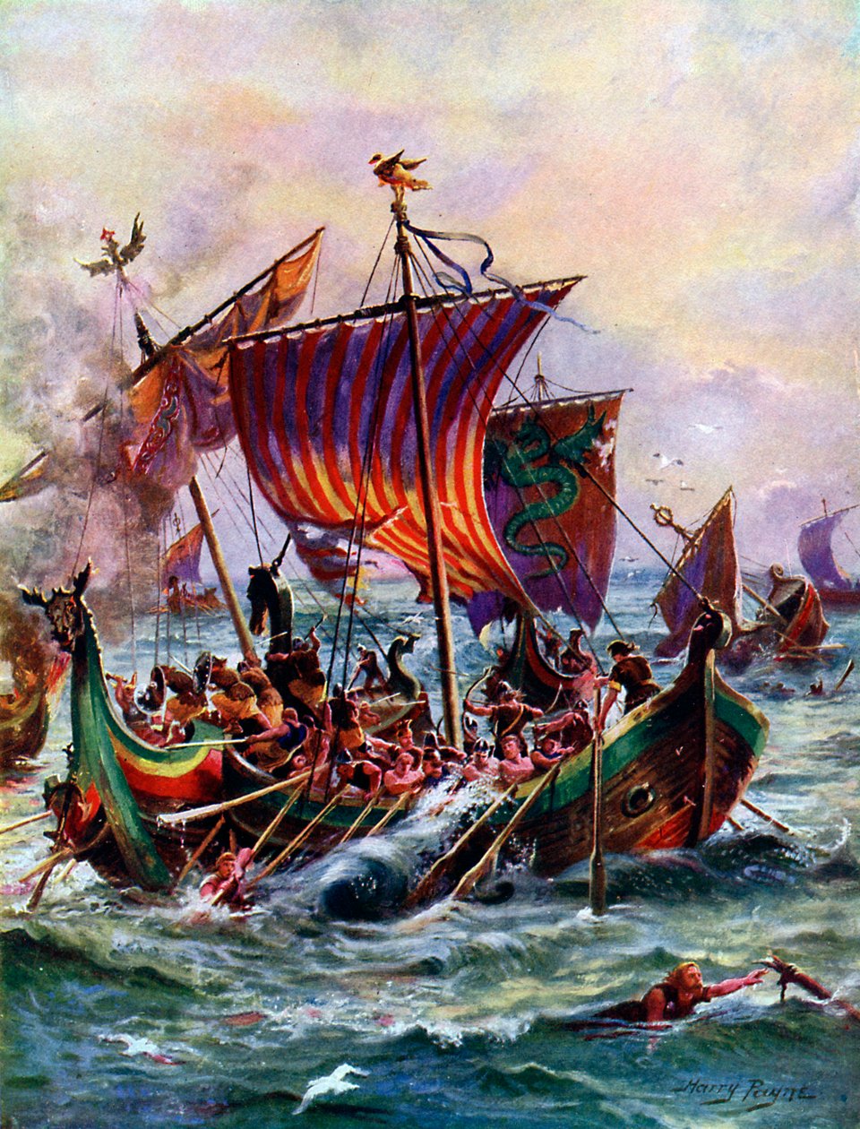 Alfreds kadırgaları Viking ejderha gemisine saldırıyor, MS 897, c1920 by Henry Payne