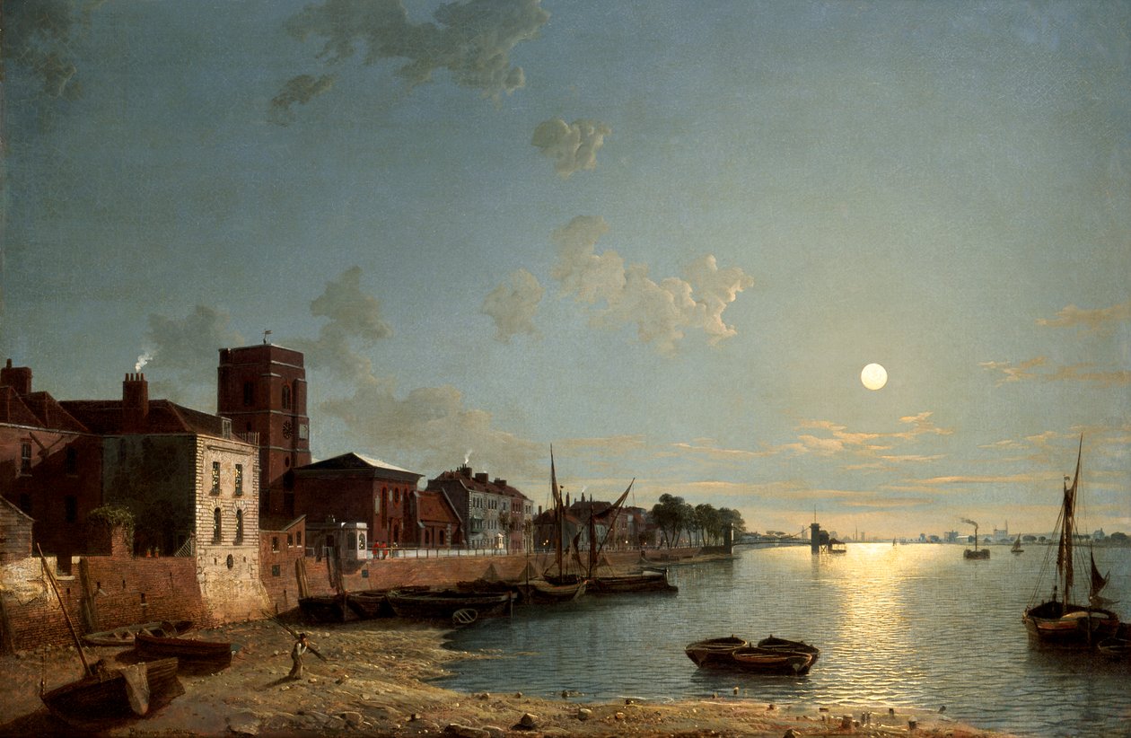 'Cheyne Walk in Chelsea'de, Ay Işığında', c1850 by Henry Pether