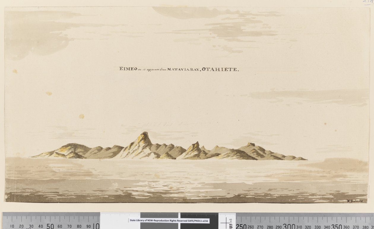 Sayfa 25aa Eimeo, Matavai Bay, Otahiete, 1768-75'ten göründüğü şekliyle (kalem ve mürekkep ve yıkama) by Henry Roberts