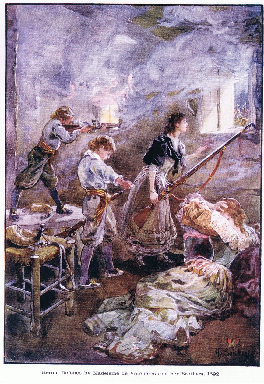 Madeleine de Vercheres ve kardeşleri tarafından kahramanca savunma 1692, c.1920 by Henry Sandham