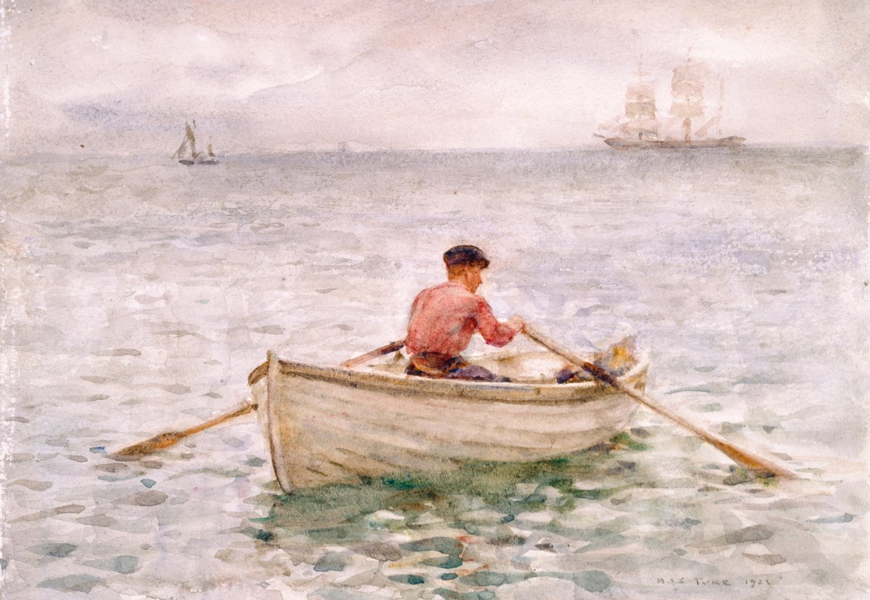 Waterman ve Teknesi, 1921 (kağıt üzerinde wc) by Henry Scott Tuke