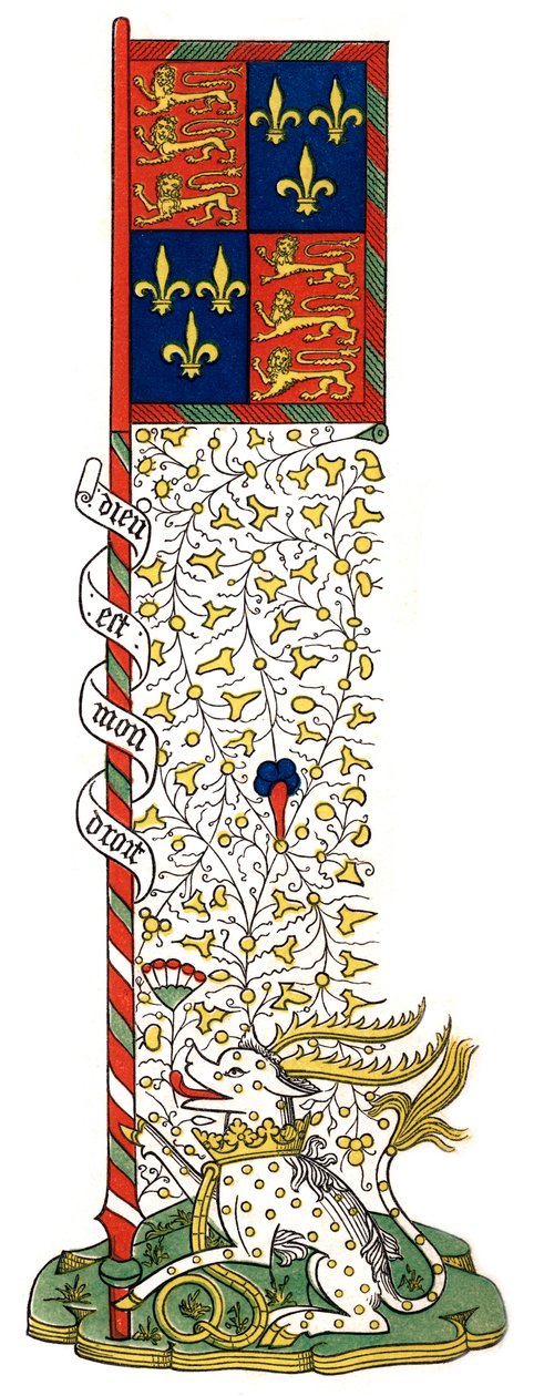 İngiltere ve Fransa arması bayrağı, dörde bölünmüş, c1445, 1843. by Henry Shaw