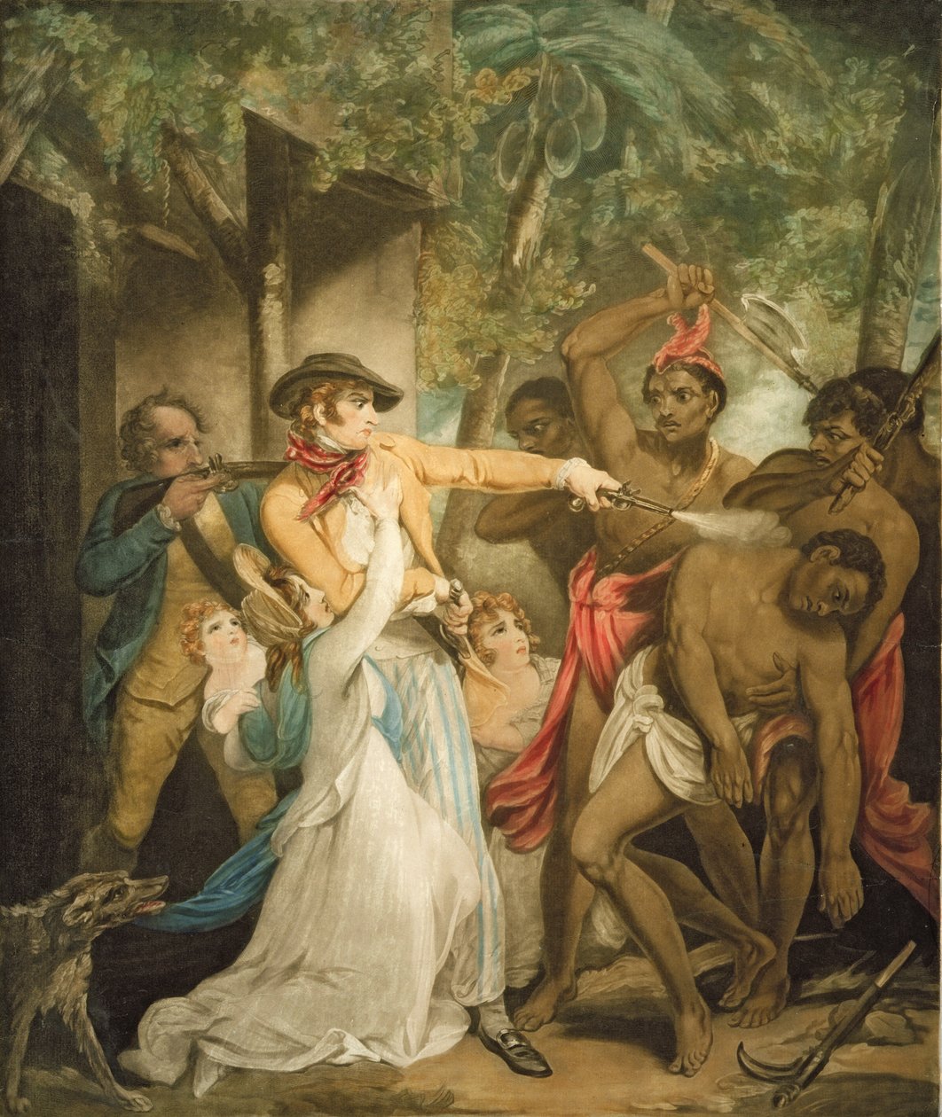Vahşiler Tarafından Saldırıya Uğrayan Yerleşik Aile, George Keating (1762-1842) (aquatint) tarafından oyulmuş by Henry Singleton