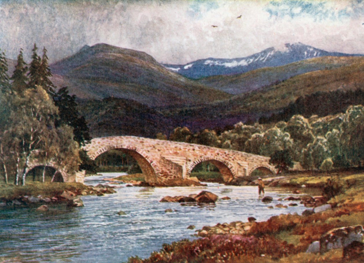 Old Mar Köprüsü ve Lochnagar, Aberdeenshire (renkli lito) by Henry Sutton Palmer