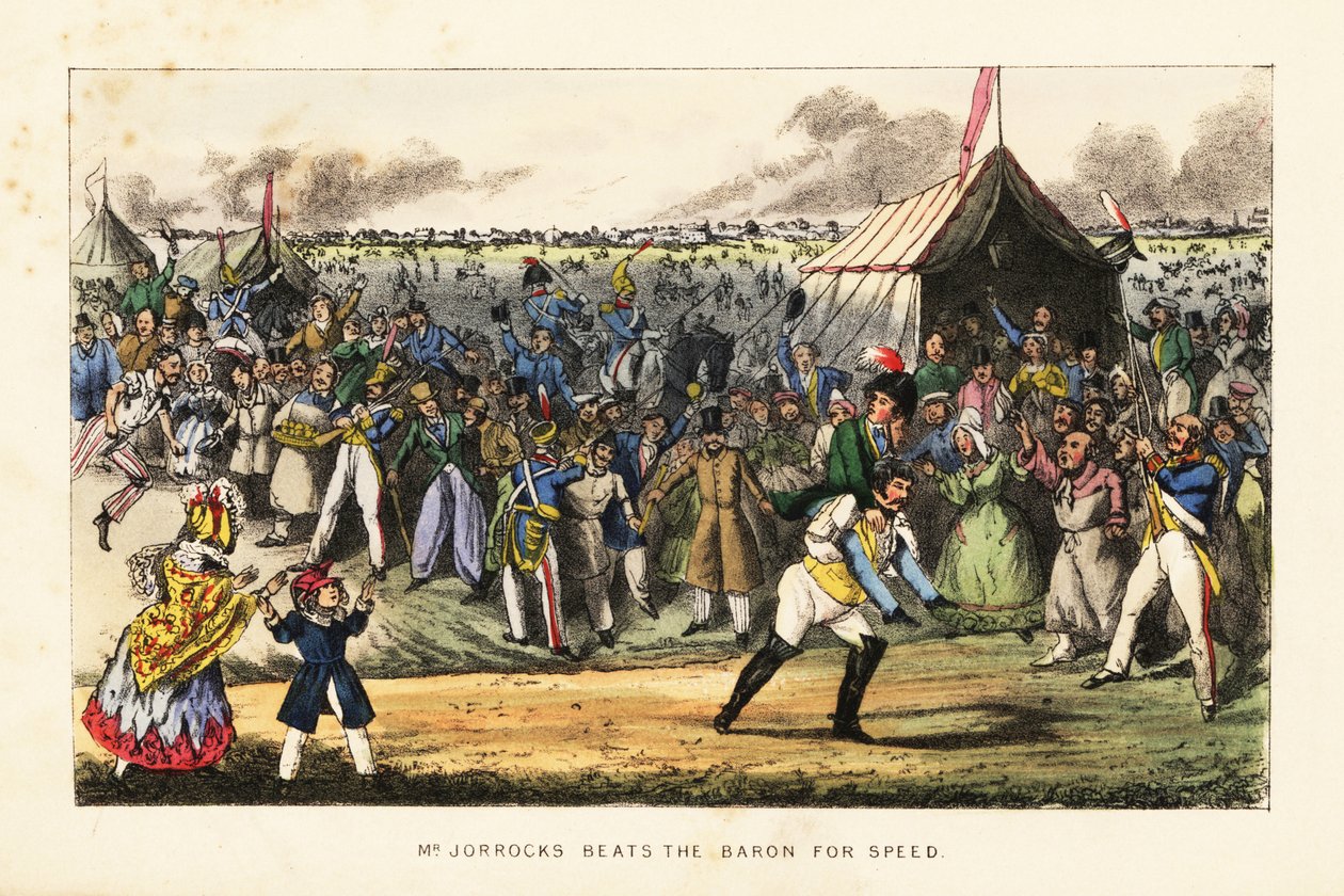 İngiliz beyler, Paris, Champs de Mars'ta bir at yarışı buluşması sırasında alışılmadık bir ayak yarışında kumar oynuyorlar. by Henry Thomas (after) Alken