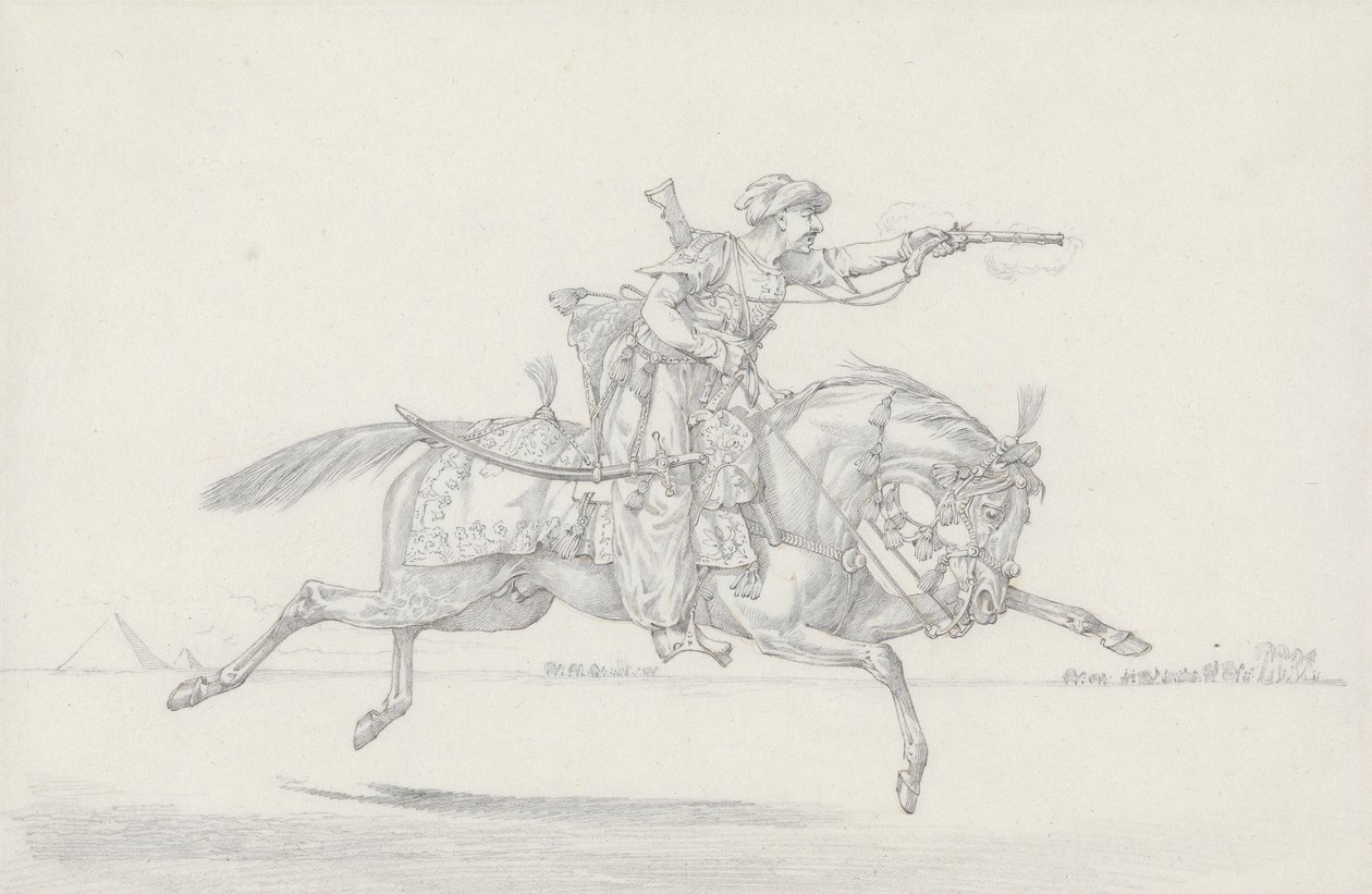 Bir tabanca ateşleyen bir Charge Memluke (kağıt üzerinde grafit ve kırmızı tebeşir) by Henry Thomas Alken