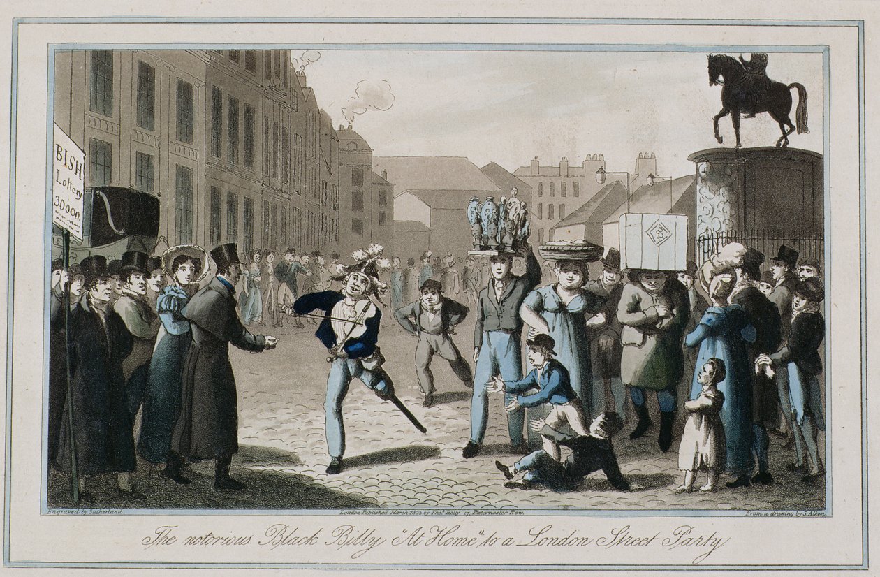 The Notorious Black Billy, Thomas Sutherland (d.1785) 1823 (renkli gravür) tarafından bir Londra Sokak Partisine 