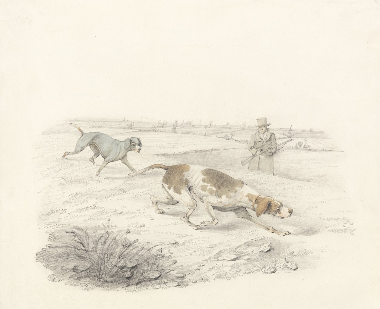 Bir Sporcu ile sağa bakan iki İşaretçi (grafit ve kağıt üzerinde wc) by Henry Thomas Alken