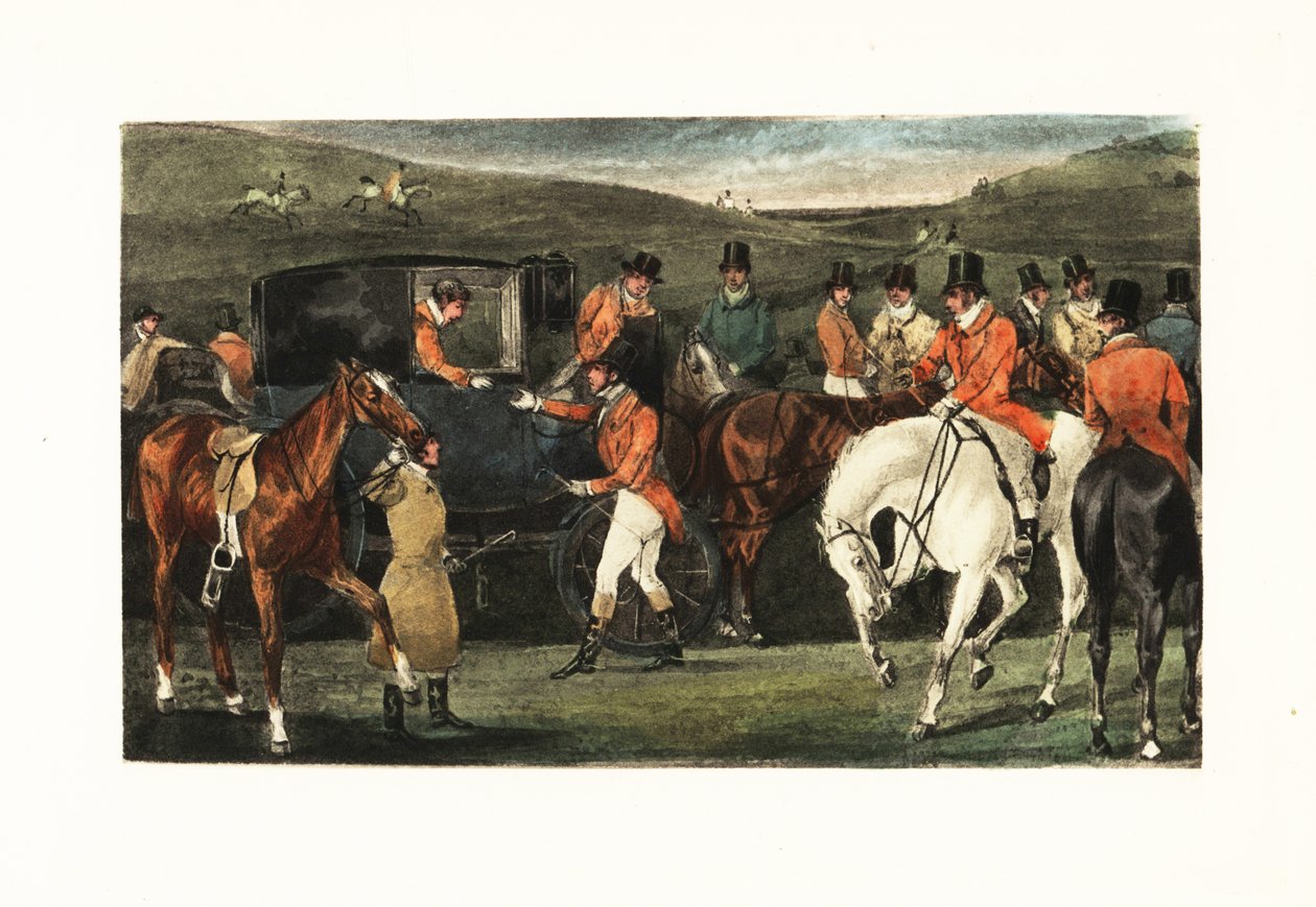 At sırtındaki Viktorya dönemi beyleri, geyik avı için toplanıyor. by Henry Thomas Alken