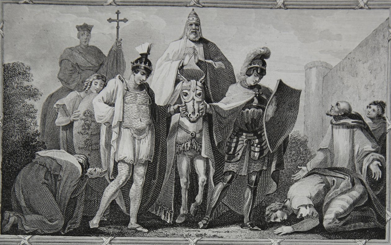 Henry ve Lewis, Papa'yı Torci Kalesi'ne götürüyorlar, Saunders tarafından oyulmuş, David Hume'un 'İngiltere Tarihi'nden bir örnek, pub. R. Bowyer tarafından, Londra, 1812 by Henry Tresham