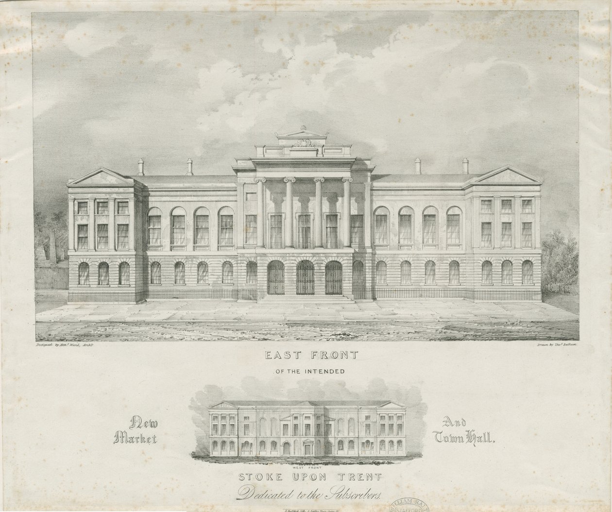 Stoke-upon-Trent - Amaçlanan yeni Pazar ve Belediye Binası: litografi, nd [c 1834] by Henry Ward