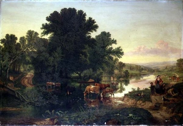 Sığır Sulama ile Ormanlık Nehir Manzarası by Henry William Banks Davis