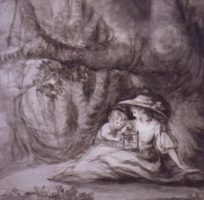 Kafesteki Kuşla Oturan Kadın ve Çocuk, (çizim) by Henry William Bunbury