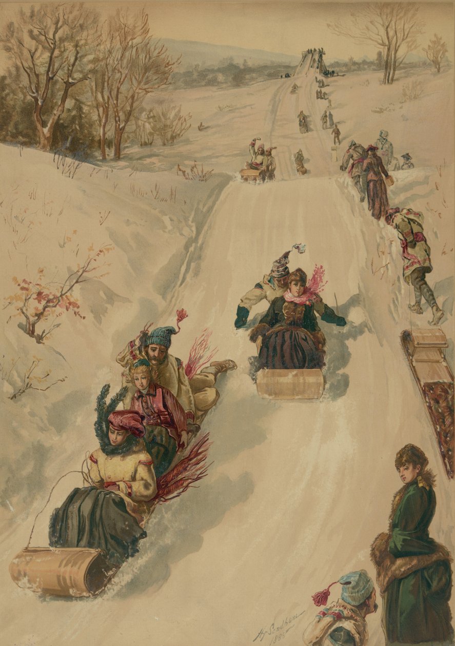 Tobogganing, L. Prang and Co., 1886 (aquatint) by Henry after Sandham