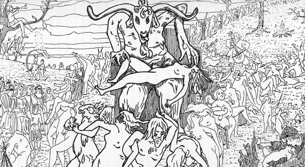 Şeytanın başkanlığındaki cadılar tarafından bir araya getirilen ve seks partilerine yol açan bir Şabat sahnesinin temsili (şabat toplantısı) Henry de Malvost'un Jules Bois'in “Satanism and magic”” adlı eserinden çizimi 1895 Özel koleksiyon Â by Henry de Malvost