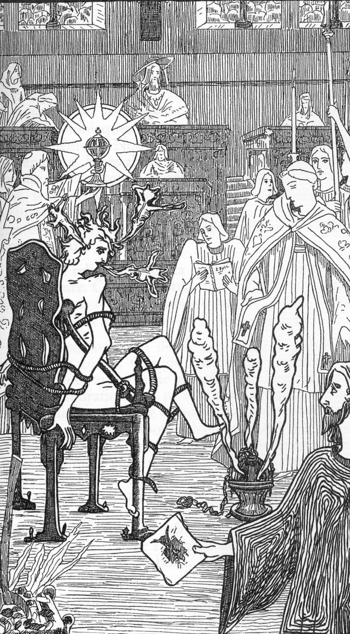 Bir şeytan çıkarma töreninin tasviri Jules Bois'in “Satanism and Magic” adlı eserinden Henry de Malvost'un çizimi 1895 Özel koleksiyon by Henry de Malvost