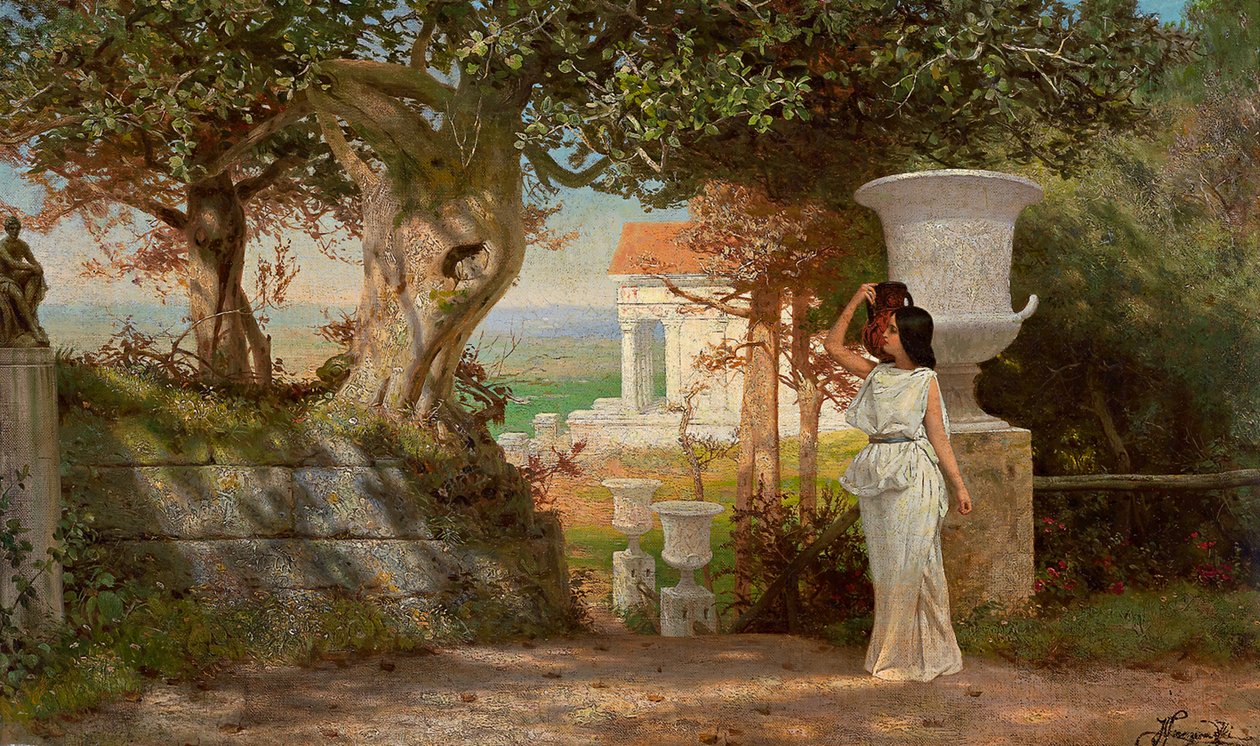 Zeytin Ağaçları ile Antik Bir Manzarada Su Taşıyıcı by Henryk Siemiradzki