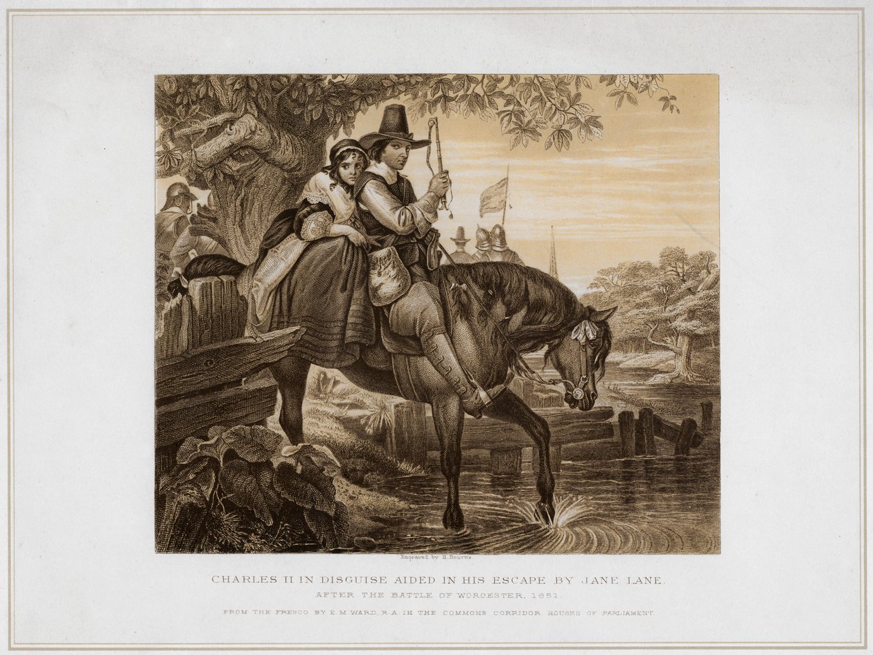 Kılık değiştirmiş II. Charles, Kaçışına Yardım Eden Jane Lane...1651, 19. yüzyıl by Herbert Bourne