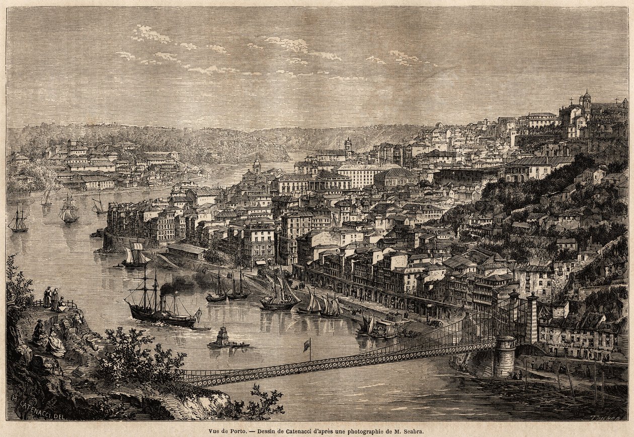 Olivier Merson'un 1857'de Portekiz'in kuzey eyaletlerine yaptığı yolculuğunu göstermek için Catenacci tarafından çizilen Porto manzarası. “Le tour du monde” 1861'de gravür. Selva'nın koleksiyonu. by Hercule (after) Catenacci