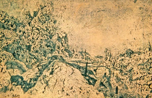 Uzakta kule ile kayalık manzara (kağıt üzerine mürekkep) by Hercules Seghers