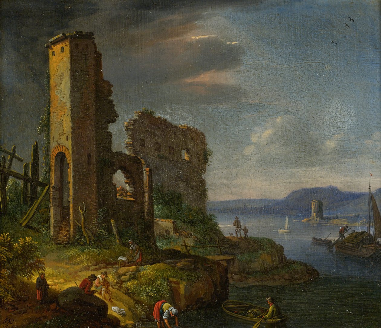 Kalıntılar, tekneler ve figürlerle dolu nehir manzarası by Herman Saftleven