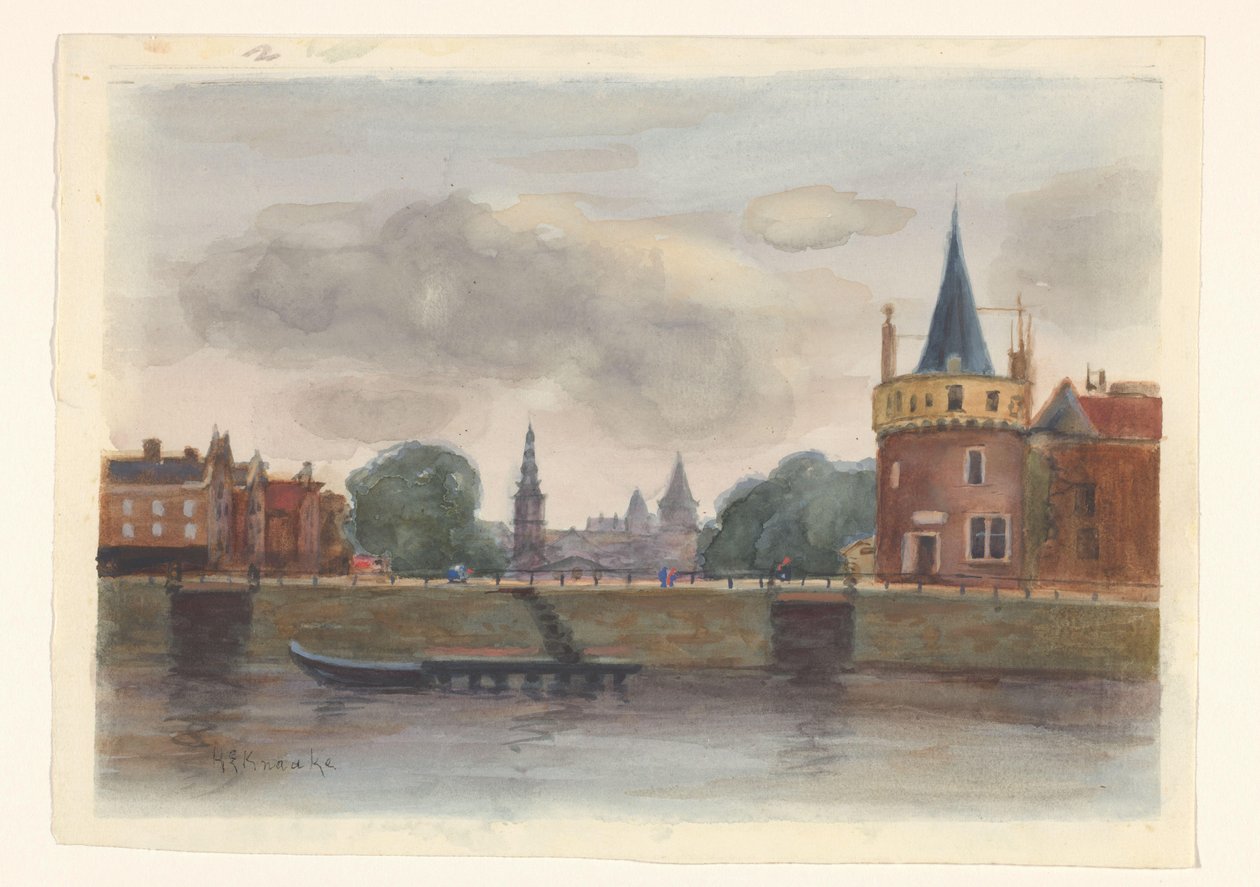 Amsterdam'daki Schreierstoren'in görünümü by Herman Eduard Knaake (signed by artist)
