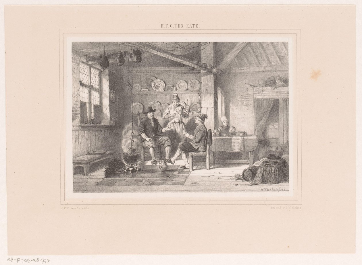 Şöminenin yanında üç adamla iç by Herman Frederik Carel ten Kate