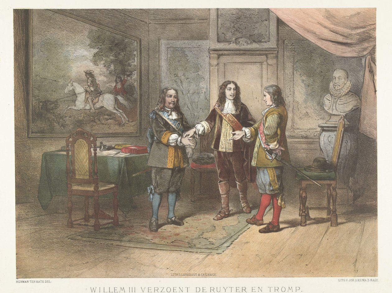 Prens Willem III, Michiel de Ruyter ve Cornelis Tromp'u uzlaştırıyor, 1673 Willem III, Ruyter ve Tromp'u uzlaştırıyor (nesnedeki başlık) by Herman Frederik Carel ten Kate