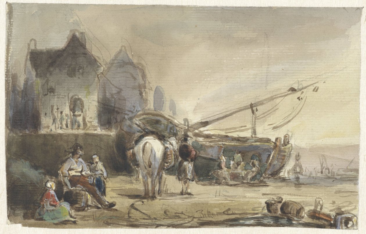 Tekneler ve balıkçılar ile plaj sahnesi by Herman Frederik Carel ten Kate