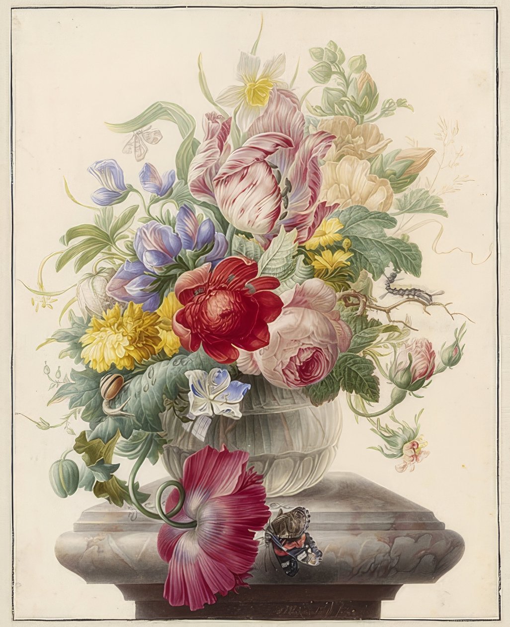 Cam vazoda çiçekler ve kelebek. 1700 civarında by Herman Henstenburgh