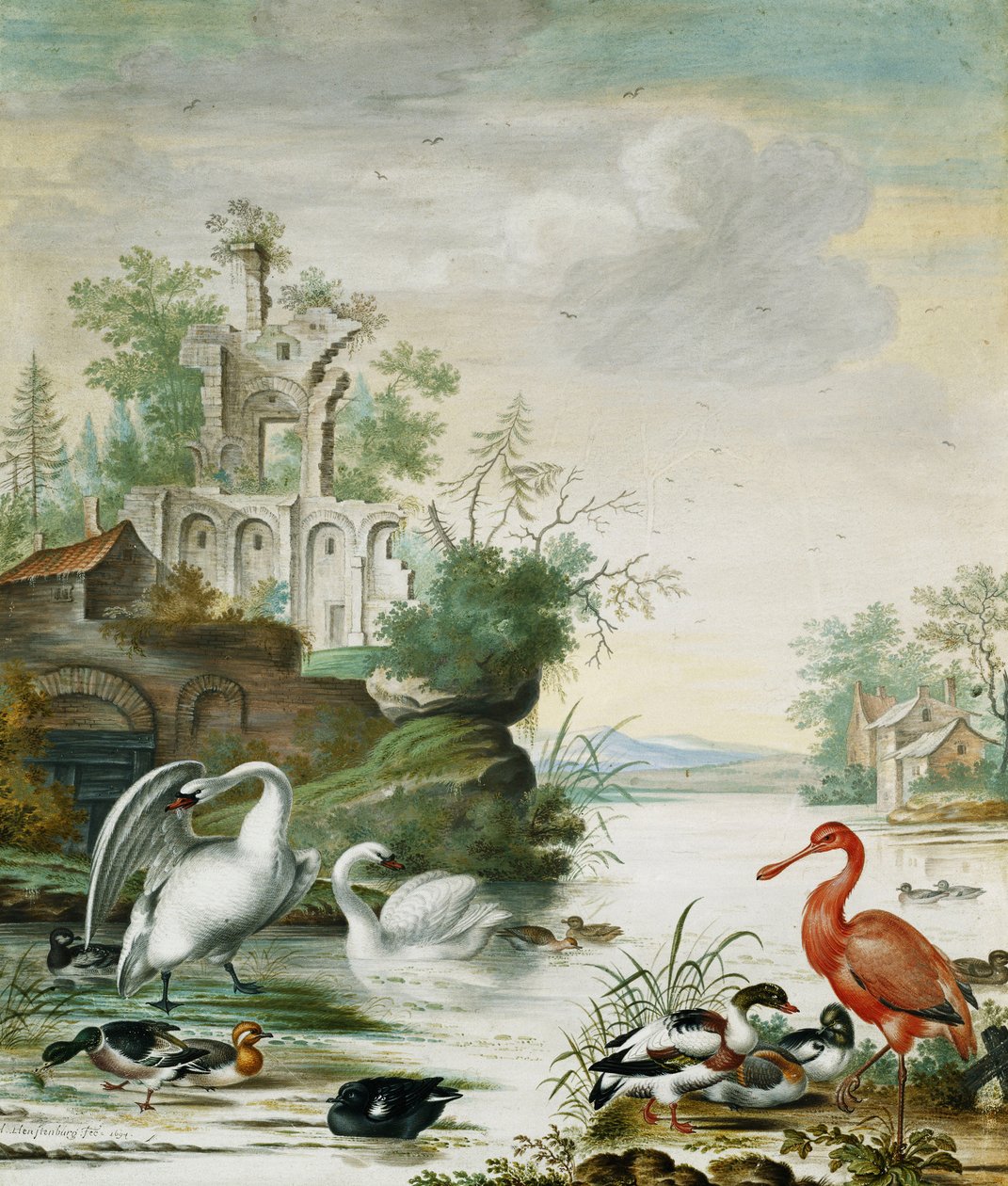 Kuğular, Kaşıkçı, Yeşilbaş, Wigeon ve Harabenin Altındaki Nehirdeki Diğer Ördekler, 1694 by Herman Henstenburgh