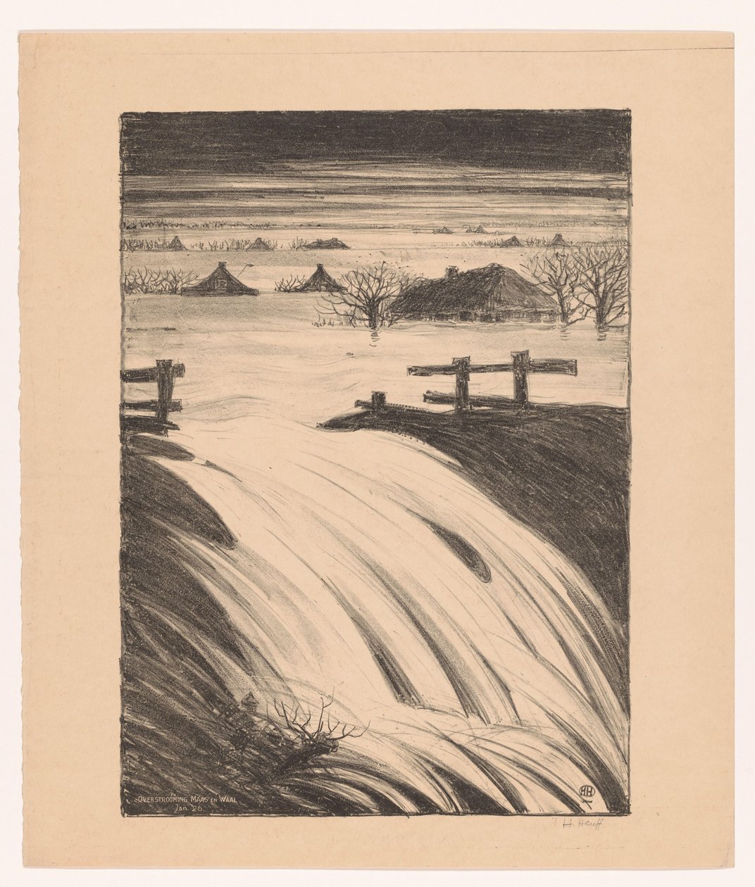 Meuse ve Waal sel Ocak. 1926 (nesne üzerindeki orijinal başlık) by Herman Heuff (signed by artist)