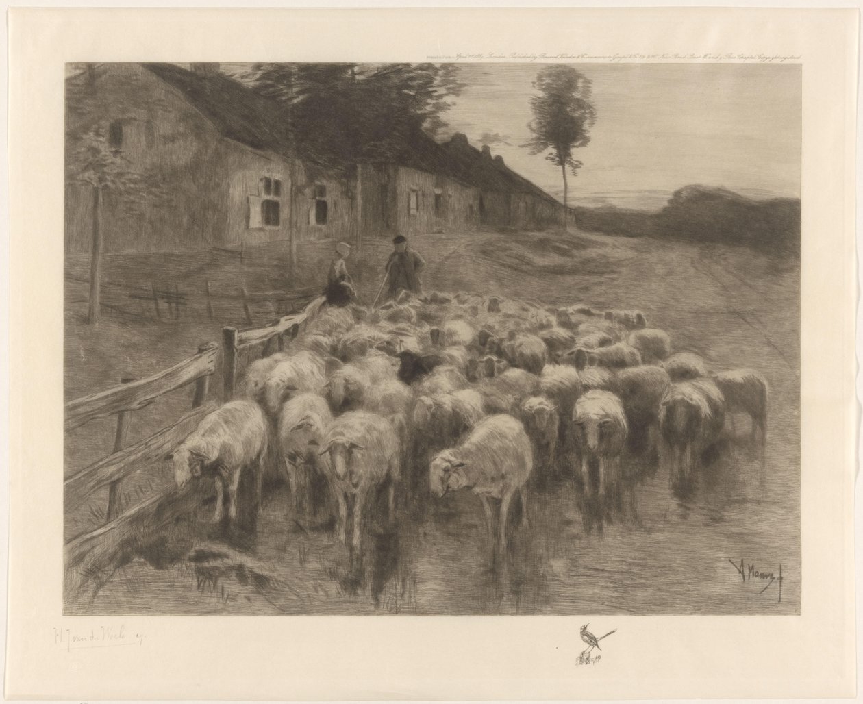 Çoban ve koyun sürüsü olan bir kadın by Herman Johannes van der Weele (signed by artist)