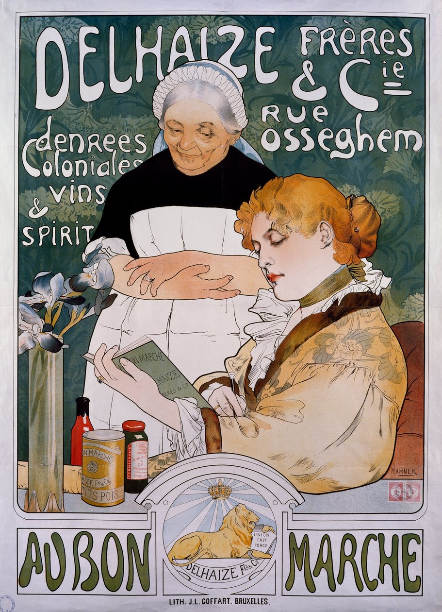 Bayan ve hizmetçi, şirket Delhaize Freres et Cie au bon Marche için poster by Herman Richir