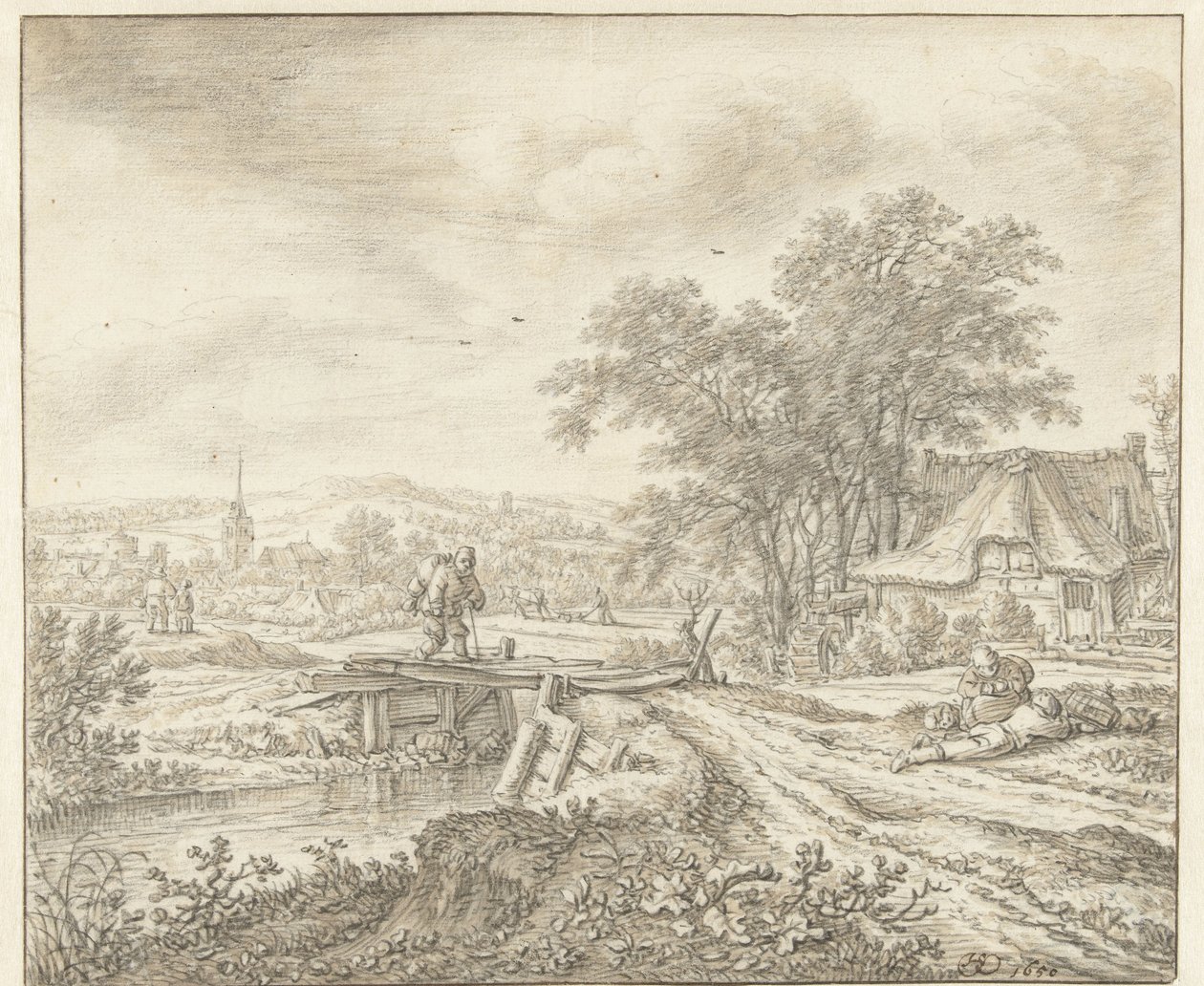 Bir köprünün yanında bir çiftlik ile tepelik manzara by Herman Saftleven