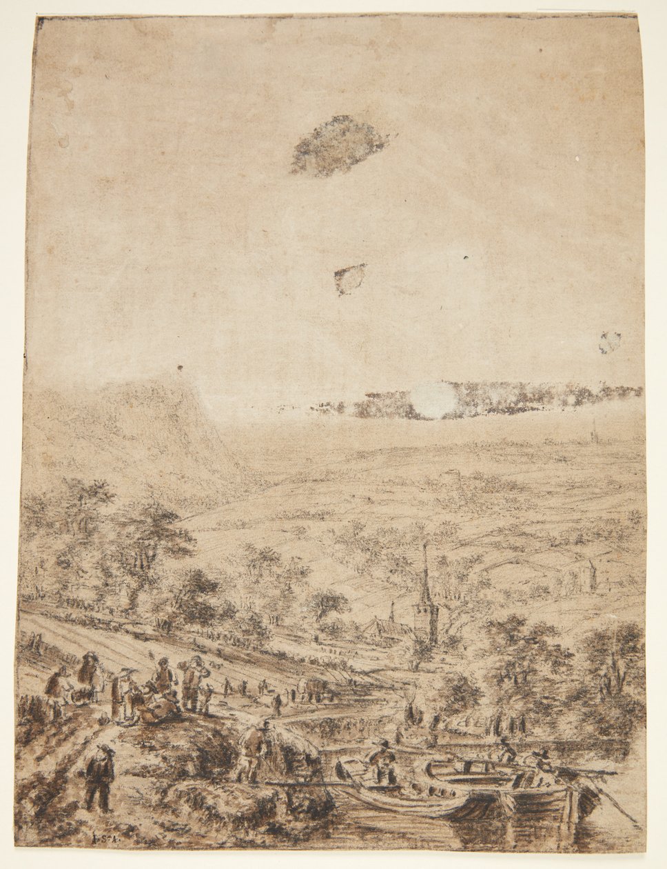 Çiftçiler, balıkçılar ve bir köy kilisesi ile panoramik manzara by Herman Saftleven