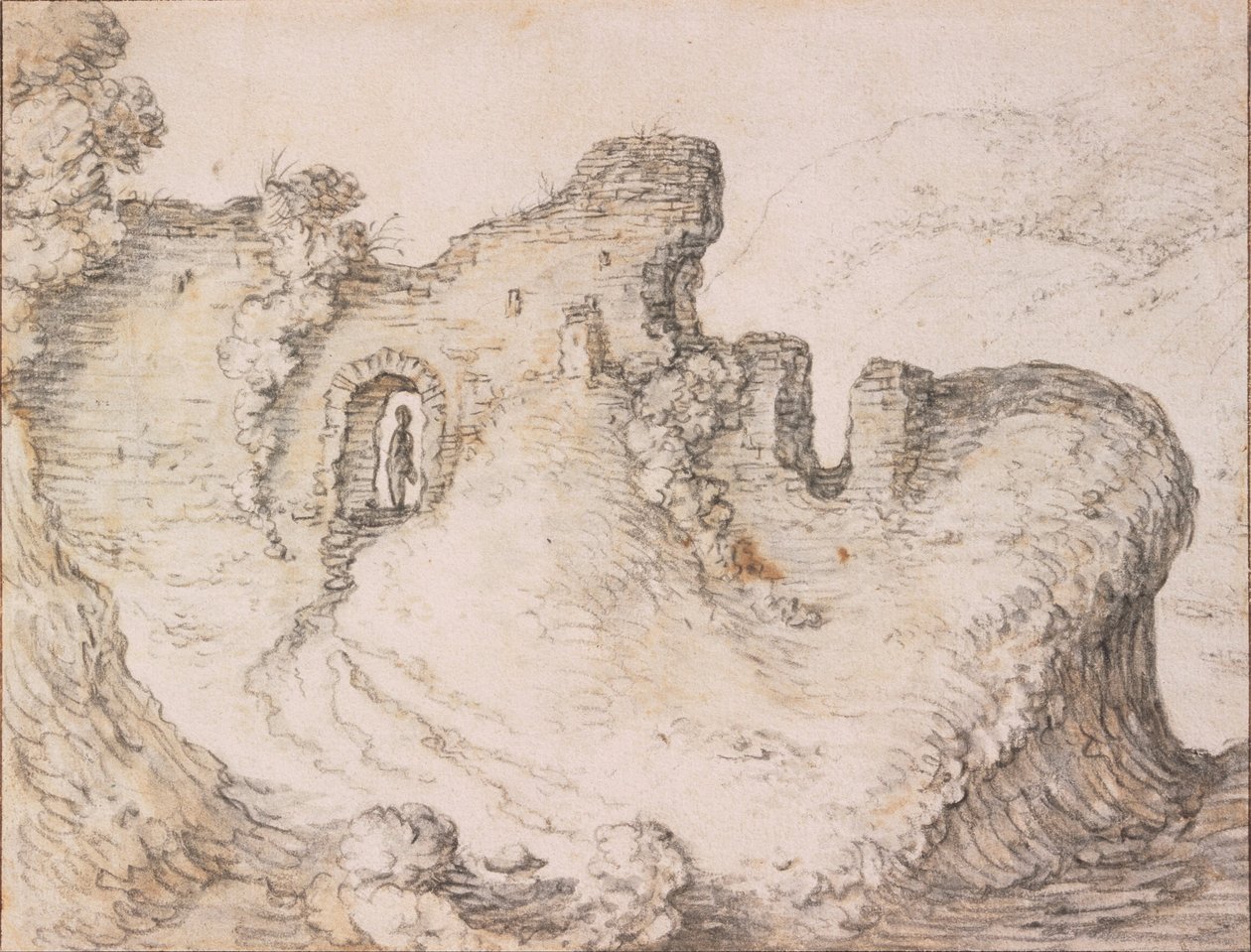 Kalıntılarla dolu kayalık bir manzara, bir adamın yüzünün profilini oluşturuyor. by Herman Saftleven