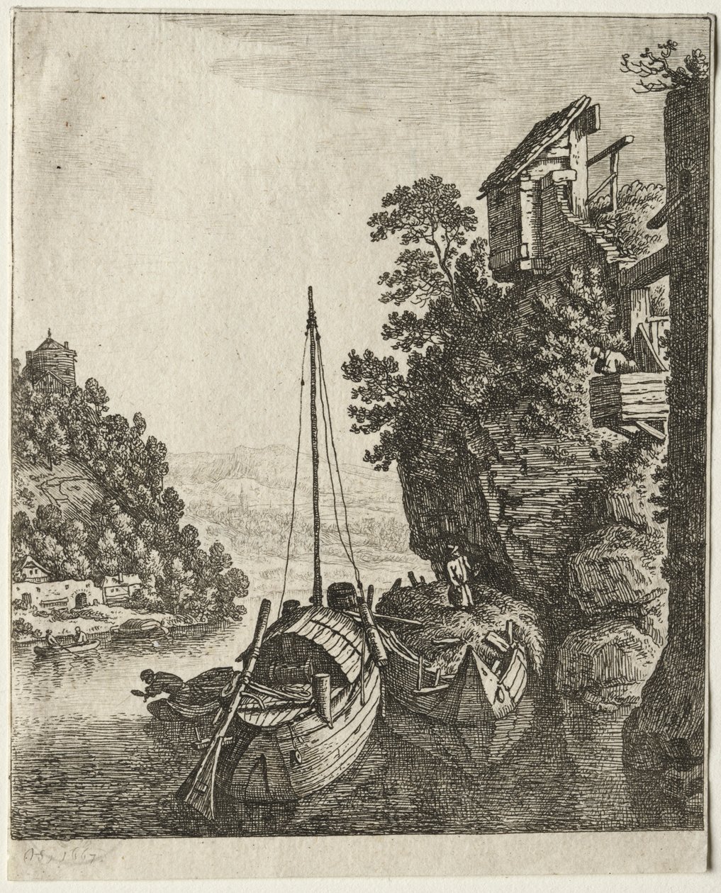 Bir kayanın altına demirlemiş iki tekne, 1667. by Herman Saftleven
