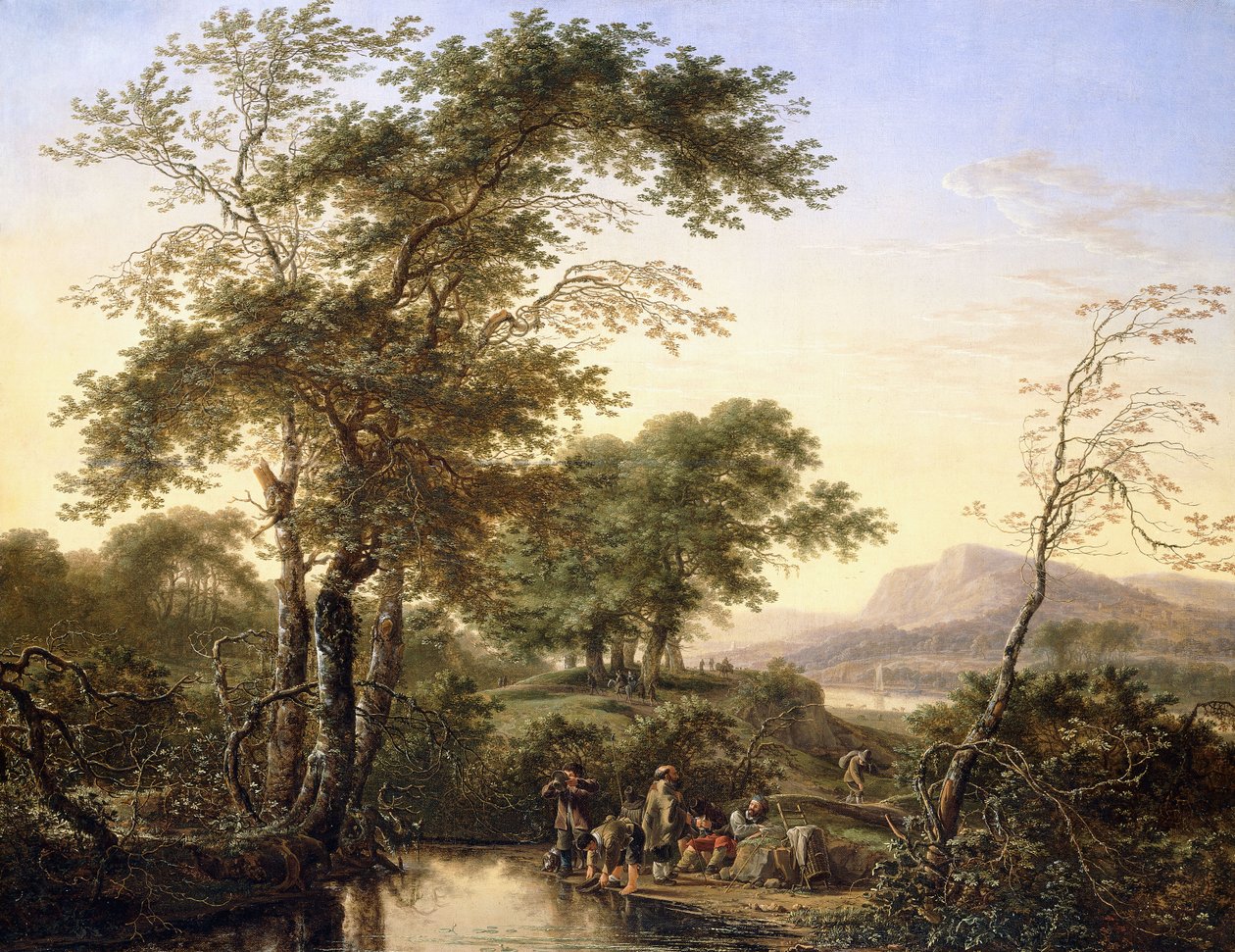 Bir Havuz Kenarında Yolcularla Geniş Bir İtalyan Nehir Manzarası, 1646 by Herman the Younger Saftleven