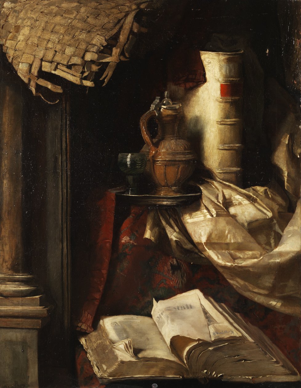Eski kitaplar, sürahi ve şarap kadehi ile natürmort by Hermann Kaulbach