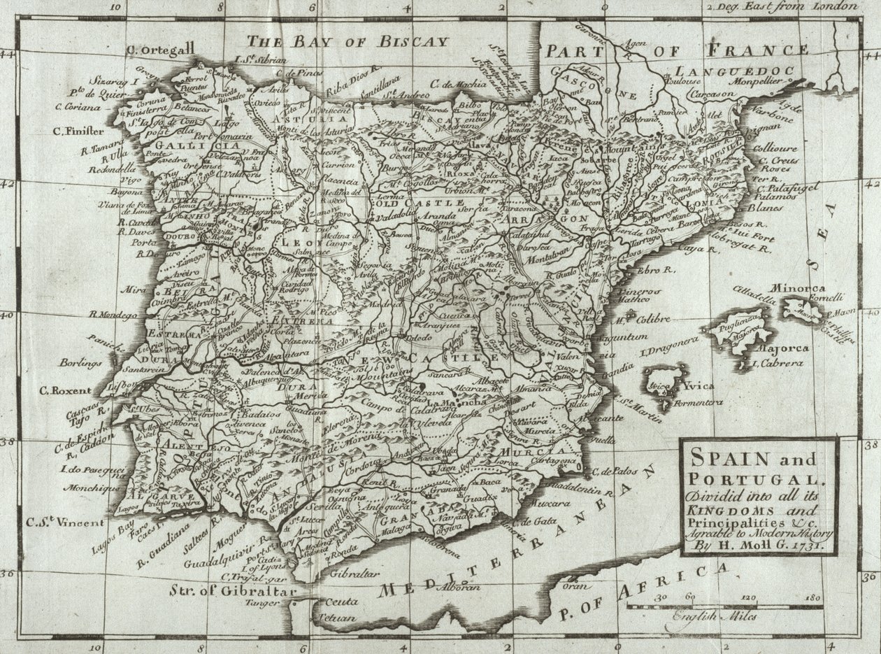 İspanya ve Portekiz Haritası, 1731 by Hermann Moll