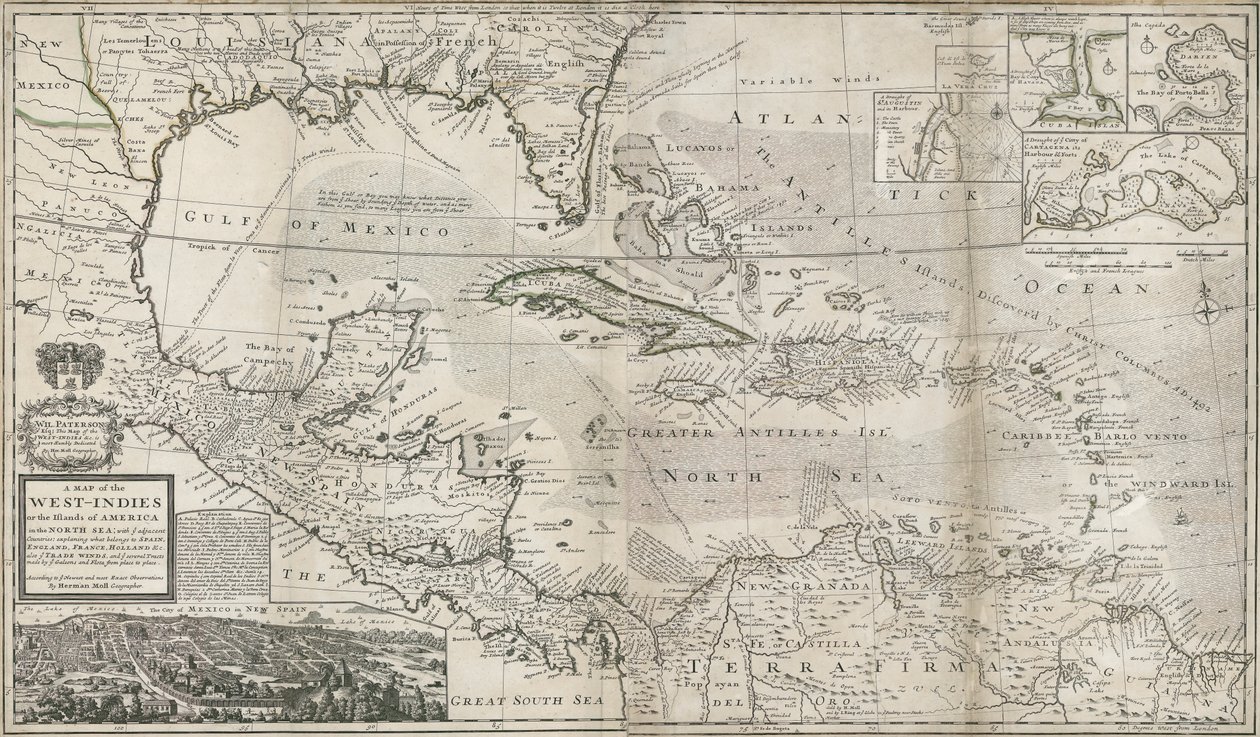 Karayipler Haritası, 1715 (el renkli gravür) by Hermann Moll