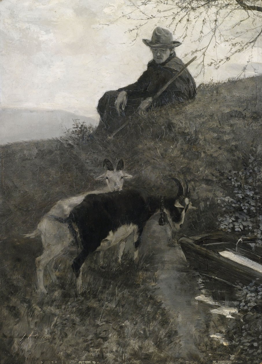 Bir içme teknesinde hayvanlarla keçi çobanı by Hermann Pleuer